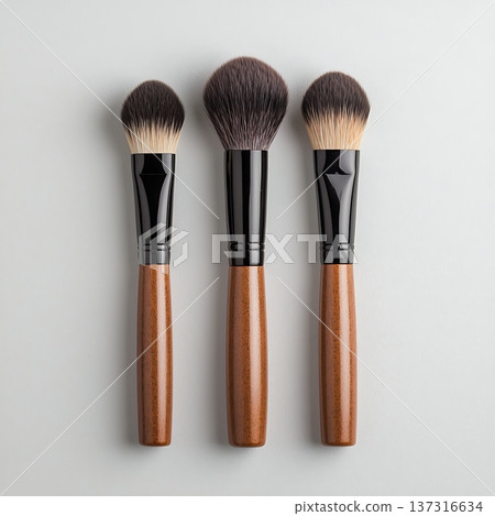 Professional Makeup Brushes Set on Light Gray Background for Cosmetic Applications 137316634