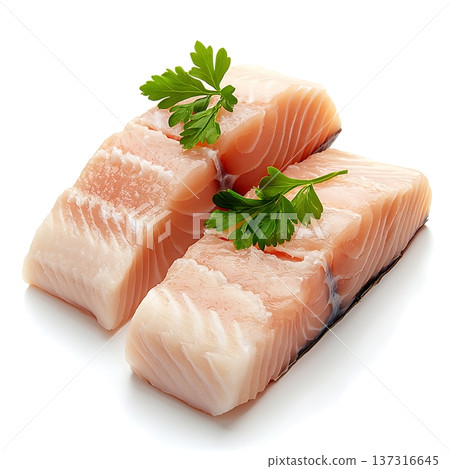 Fresh Raw Salmon Fillets with Garnish on White Background for Culinary Use and Presentation 137316645