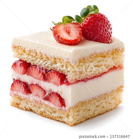 Delicious and Creamy Strawberry Cake Slice with Fresh Fruit Topping and Whipped Cream 137316647