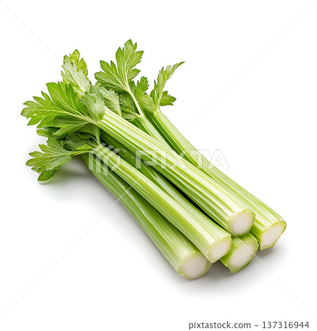 Fresh Green Celery Stalks with Leaves on White Background for Healthy Food Concepts 137316944