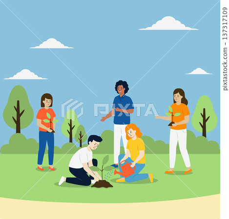 People Planting Tree Together for Environmental Protection 137317109