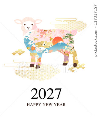New Year's card template for 2027, Year of the Sheep, featuring a Japanese pattern (vector illustration) New Year's card template for 2027, Year of the Sheep, featuring a Japanese pattern (vector illustration) 137317157