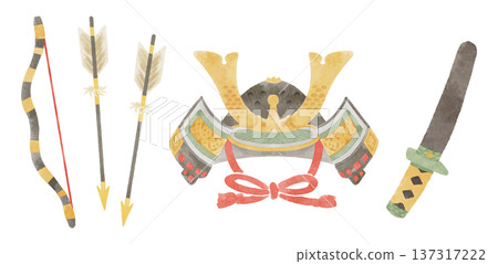 一組五月娃娃（頭盔、弓箭和劍）的水彩風格插畫 137317222