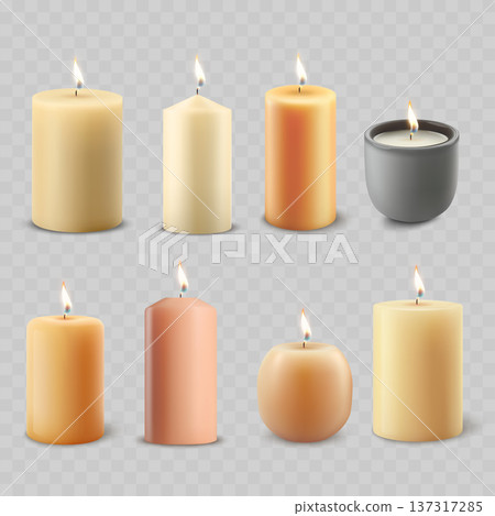 Realistic Burning Candle Set. Vector Pillar, Spherical and Jar Wax Lights with Flame. 137317285