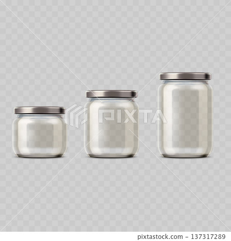 Realistic Glass Jar Mockup Set. Vector Transparent Food Container Templates with Silver Lids in Various Sizes. Realistic Glass Jar Mockup Set. Vector Transparent Food Container Templates with Silver Lids in Various Sizes. 137317289