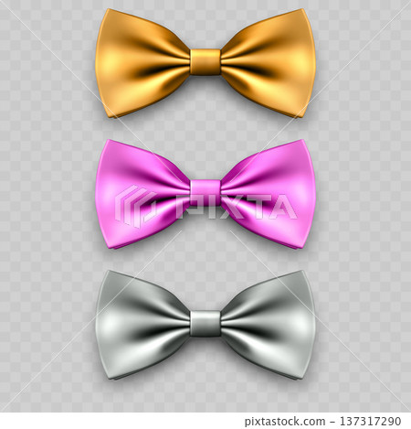 Realistic Satin Bow Tie Set. Vector Gold, Pink and Silver Silk Knots for Party or Formal Suit. Realistic Satin Bow Tie Set. Vector Gold, Pink and Silver Silk Knots for Party or Formal Suit. 137317290