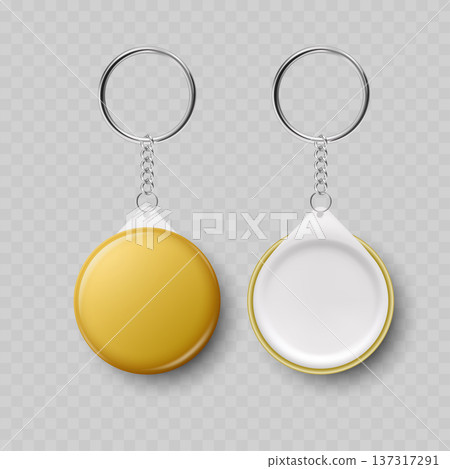 Realistic Round Button Keychain Mockup Set. Vector Yellow Plastic Key Ring Template Realistic Round Button Keychain Mockup Set. Vector Yellow Plastic Key Ring Template 137317291