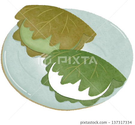 Kashiwamochi on a plate with white and mugwort Kashiwamochi on a plate with white and mugwort 137317334