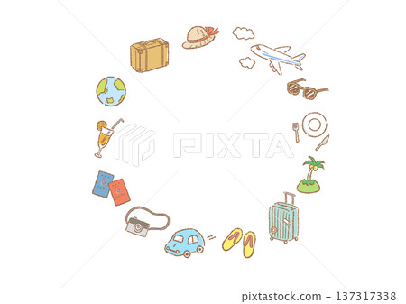 一個圓形畫框,上面繪有手繪的旅行主題插圖 一個圓形畫框,上面繪有手繪的旅行主題插圖 137317338