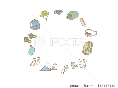 一個圓形邊框，上面繪有手繪的登山裝備插圖。 137317339