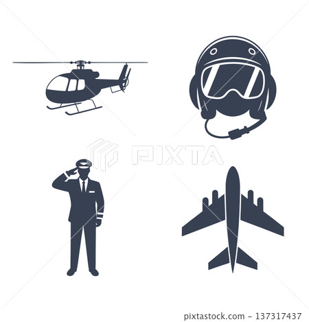 aviation theme silhouette set with helicopter, pilot helmet, pilot saluting, and jet plane in blue color vector illustration 137317437