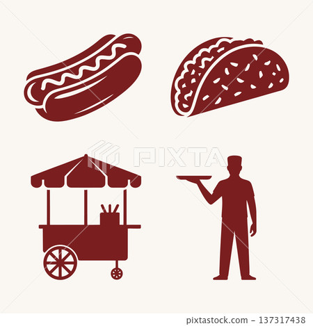 street food red silhouette vector set with hotdog, taco, food cart with umbrella, and male vendor holding tray 137317438