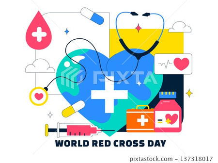 World Red Cross Day Healthcare Support With Medical Symbols Heartbeat Stethoscope And Syringe Vector Illustration For Global Awareness Campaign World Red Cross Day Healthcare Support With Medical Symbols Heartbeat Stethoscope And Syringe Vector Illustration For Global Awareness Campaign 137318017