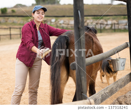 Woman washing and brushing a horse in the backyard of farm 137318241