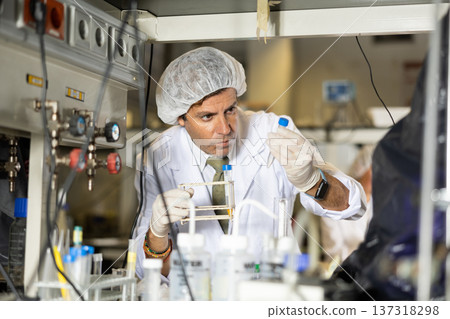 Male lab technician working with reagents in test tubes during chemical experiment 137318298