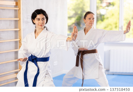 Two women training karate techniques in studio Two women training karate techniques in studio 137318450