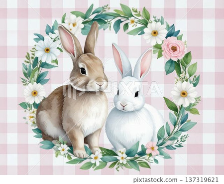 Watercolor rabbit and flower crown (baby/wedding illustration background) 137319621