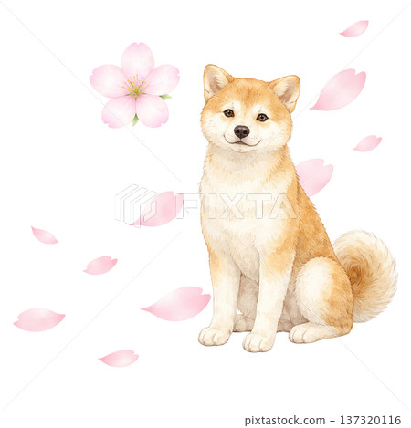 Cherry blossom petals and Shiba Inu watercolor illustration Spring cute dog material 137320116