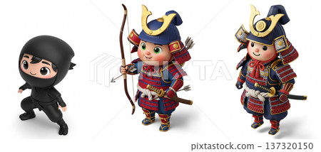 Cute cartoon samurai warriors in traditional armor with ninja 137320150
