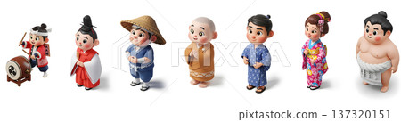 Diverse group of cartoon characters in traditional Asian attire 137320151
