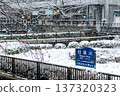 Snow-covered Meguro River sign and snowy scenery (Meguro Ward, Tokyo) 137320323