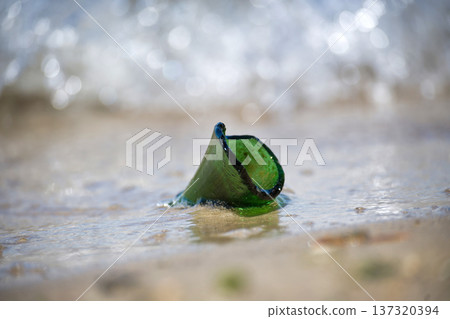 Broken Green Glass Bottle On Sandy Beach With Ocean Wave Highlighting Coastal Pollution Broken Green Glass Bottle On Sandy Beach With Ocean Wave Highlighting Coastal Pollution 137320394