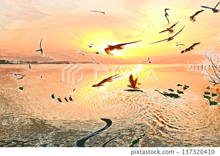 水鳥嬉戲的霞浦的第一日出 水鳥嬉戲的霞浦的第一日出 137320410