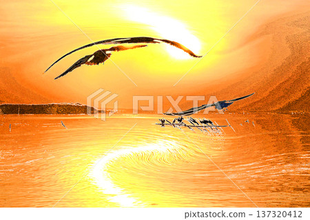 First sunrise of Kasumigaura where water birds play First sunrise of Kasumigaura where water birds play 137320412