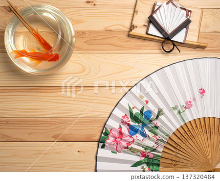 A traditional Japanese summer table with a goldfish bowl and a fan, overhead shot 137320484
