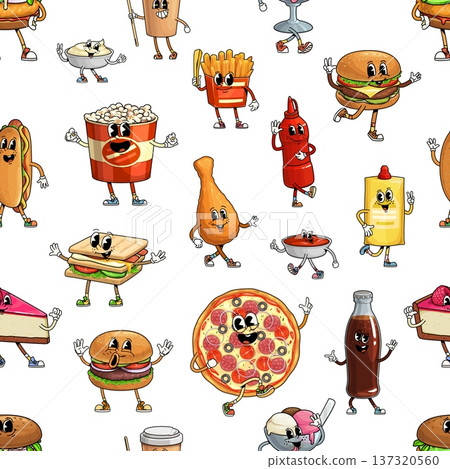 Retro groovy fast food characters seamless pattern with funny snacks and burgers, cartoon vector background. Groovy fast food pattern with funky cheeseburger, freaky popcorn, pizza and potato fries Retro groovy fast food characters seamless pattern with funny snacks and burgers, cartoon vector background. Groovy fast food pattern with funky cheeseburger, freaky popcorn, pizza and potato fries 137320560
