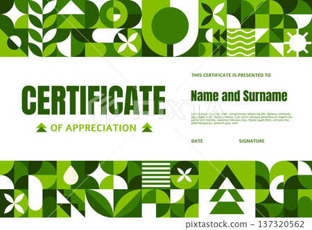 Ecology environment diploma certificate with geometric pattern of vector green shapes. Eco energy, ecology and environmental sustainability certificate, diploma or award with abstract green pattern Ecology environment diploma certificate with geometric pattern of vector green shapes. Eco energy, ecology and environmental sustainability certificate, diploma or award with abstract green pattern 137320562