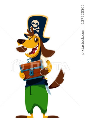 Cartoon dog animal pirate vector character clutches a wooden chest with a padlock. Corsair dressed in green pants, dark vest, and a tall blue hat with crossbones. Cute pet personage for kids party 137320563