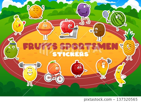 Cartoon fruit characters stickers. Vector playful fruit mascots engaged in sports. Pear boxing, orange doing yoga, apple running, watermelon playing tennis, kiwi, avocado. Promoting healthy lifestyles Cartoon fruit characters stickers. Vector playful fruit mascots engaged in sports. Pear boxing, orange doing yoga, apple running, watermelon playing tennis, kiwi, avocado. Promoting healthy lifestyles 137320565