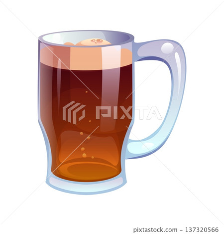 Cartoon beer tankard drink, alcohol beverage. Transparent glass beer tankard filled with dark amber liquid and a foamy head on top. Frothy mug of golden beer beverage with bubbles rising to the top 137320566