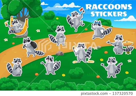 Cartoon raccoon characters stickers pack. Funny raccoon personage standing, dancing, lying in a hammock and eating cookies, clapping and jumping, holding a flag. Vector forest raccoon animal patches 137320570