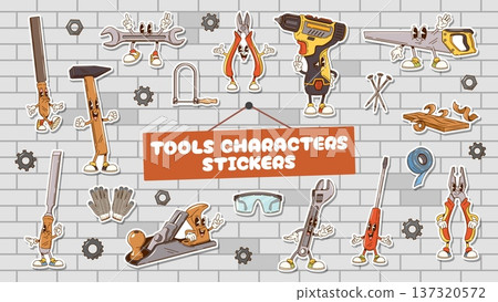 Repair or construction tools groovy characters vector stickers pack. Cute hammer, plane, funny saw, power drill, screwdriver, quirky pliers, wrench and cheerful file, protective gloves personages Repair or construction tools groovy characters vector stickers pack. Cute hammer, plane, funny saw, power drill, screwdriver, quirky pliers, wrench and cheerful file, protective gloves personages 137320572
