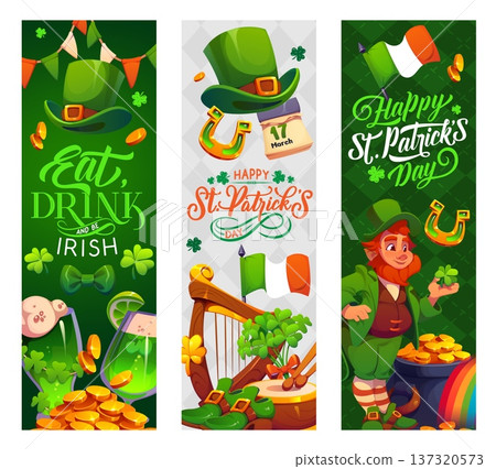 Happy St Patrick Day vector greeting banners. Irish holiday lucky shamrock clovers, leprechaun hat, gold pot on rainbow and horseshoe, St Patrick Day party beer and flags bunting vertical flyers set Happy St Patrick Day vector greeting banners. Irish holiday lucky shamrock clovers, leprechaun hat, gold pot on rainbow and horseshoe, St Patrick Day party beer and flags bunting vertical flyers set 137320573