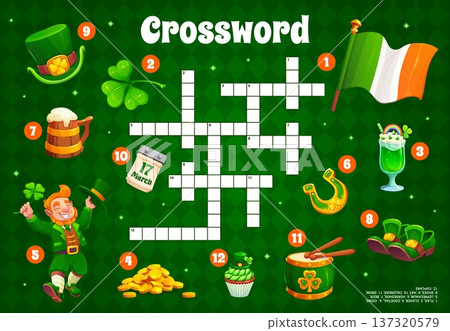 Crossword quiz game grid with St Patrick Day characters. Irish holiday vector worksheet of word puzzle game. Cartoon leprechaun, St Patrick Day lucky shamrock, horseshoe and green beer crossword quiz Crossword quiz game grid with St Patrick Day characters. Irish holiday vector worksheet of word puzzle game. Cartoon leprechaun, St Patrick Day lucky shamrock, horseshoe and green beer crossword quiz 137320579