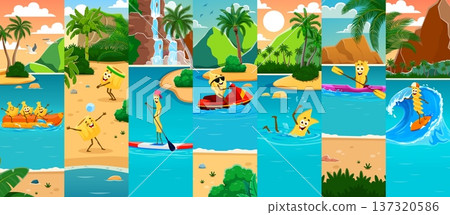 Cartoon cheerful Italian pasta characters on banana boat, paddle surfboard, jet ski, kayak and surfing board, playing volleyball and swim in the sea. Vector collage of funny food personage on vacation Cartoon cheerful Italian pasta characters on banana boat, paddle surfboard, jet ski, kayak and surfing board, playing volleyball and swim in the sea. Vector collage of funny food personage on vacation 137320586