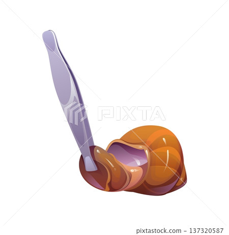 Escargot snail with shell held by kitchen tongs, isolated cartoon vector culinary ingredient used in gourmet and French cuisine. Cooking process showing seafood delicacy preparation with metal utensil Escargot snail with shell held by kitchen tongs, isolated cartoon vector culinary ingredient used in gourmet and French cuisine. Cooking process showing seafood delicacy preparation with metal utensil 137320587