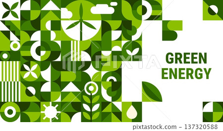 Green energy poster with geometric pattern of abstract leaves, plants and eco wind turbine, sun and clouds. Vector modern geometric shapes pattern for ecology poster, green energy, environment concept 137320588