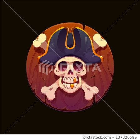 Heraldic pirate skull with crossed bones and captain tricorn hat on wooden round board. Cartoon vector nautical heraldry icon or game asset with Jolly Roger and crossbones represents sea adventure 137320589