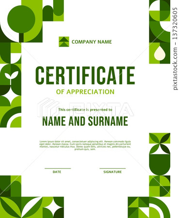 Ecology diploma certificate with environment eco green geometric pattern. Vector modern certificate of appreciation, diploma or award of ecology sustainability with abstract green leaf pattern corners 137320605