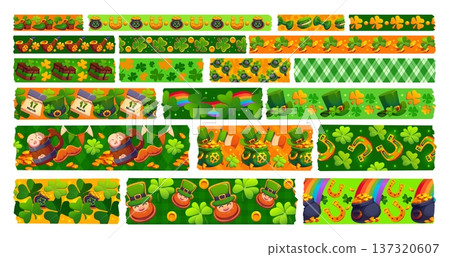 Washi tape St Patrick holiday green adhesive pieces with vector pattern of cartoon clover shamrock leaves, leprechaun hats and gold pots. St Patrick green beer, horseshoe and rainbow washi tape pieces Washi tape St Patrick holiday green adhesive pieces with vector pattern of cartoon clover shamrock leaves, leprechaun hats and gold pots. St Patrick green beer, horseshoe and rainbow washi tape pieces 137320607