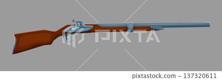 Pirate flintlock musket or rifle gun weapon with long barrel and wooden stock. Naval firearm with metal trigger and hammer mechanism. Vector isolated historical classic corsair seafaring arms object Pirate flintlock musket or rifle gun weapon with long barrel and wooden stock. Naval firearm with metal trigger and hammer mechanism. Vector isolated historical classic corsair seafaring arms object 137320611