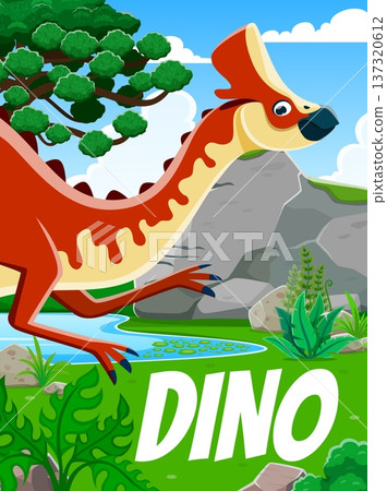 Prehistoric dinosaur character, jurassic era vector poster. Cartoon cute amurosaurus dino animal in prehistoric jungle forest. Paleontology science education banner with funny extinct lizard dinosaur Prehistoric dinosaur character, jurassic era vector poster. Cartoon cute amurosaurus dino animal in prehistoric jungle forest. Paleontology science education banner with funny extinct lizard dinosaur 137320612