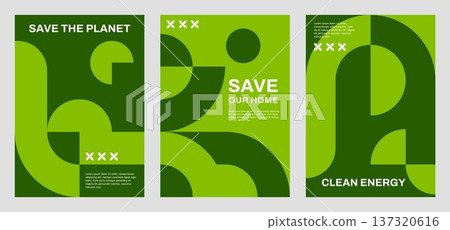 Ecology environment posters with green geometric abstract pattern. Vector background of modern green shapes and geometric elements. Save planet, ecology environment and clean energy posters set 137320616