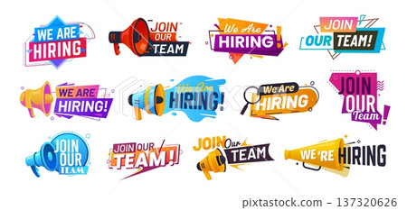 We are hiring, hire offer join our team icons. Job vacancy announcement, hr and career opportunity vector social media signs with retro megaphone loudspeaker, magnifying glass and speech bubble We are hiring, hire offer join our team icons. Job vacancy announcement, hr and career opportunity vector social media signs with retro megaphone loudspeaker, magnifying glass and speech bubble 137320626