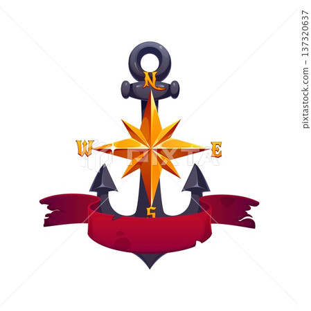 Pirate game icon or corsair cartoon sailing heraldry, vector symbol. Ship anchor, rose of winds compass with ribbon, Caribbean pirates adventure game element of sailboat anchor heraldic icon 137320637