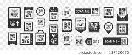 Scan me Frame. Black set for app box. Scanner to buy now with barcode and QR code. Mobile payment by phone camera. Simple Vector illustration 137320670